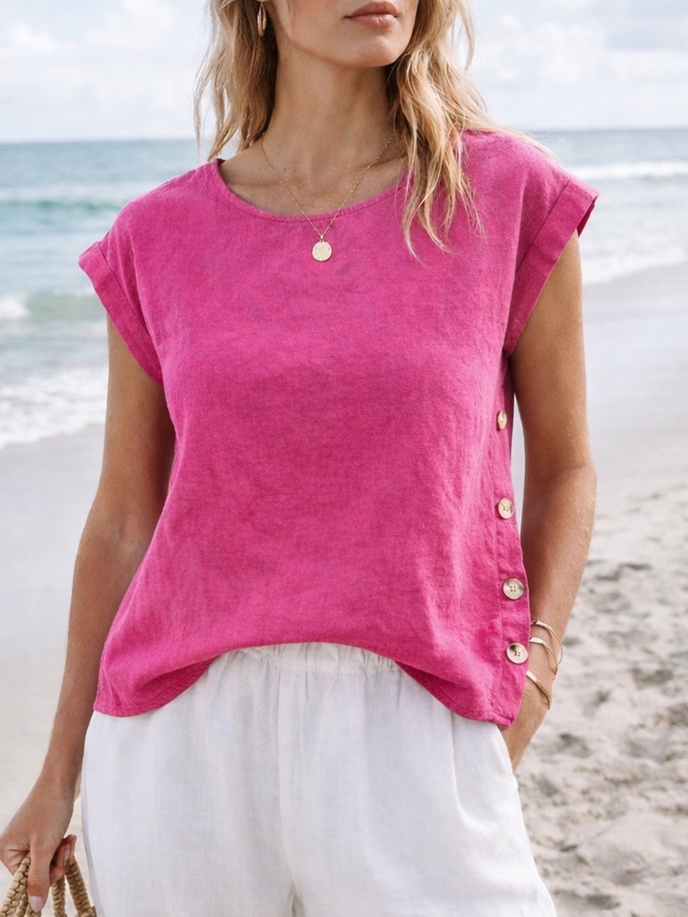 Jones New York Signature Linen Blend Top Pink Button Short Sleeve Blouse Size L